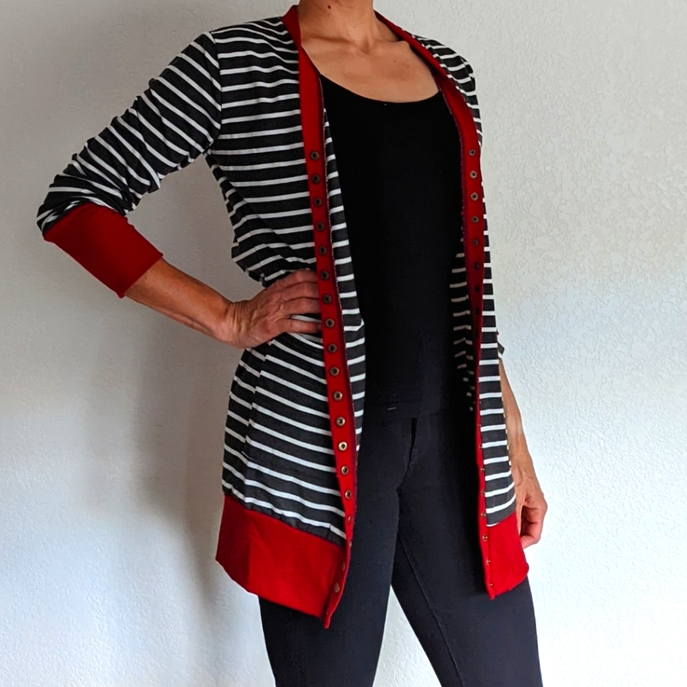 Snap-Front Striped Cardigan with Pockets